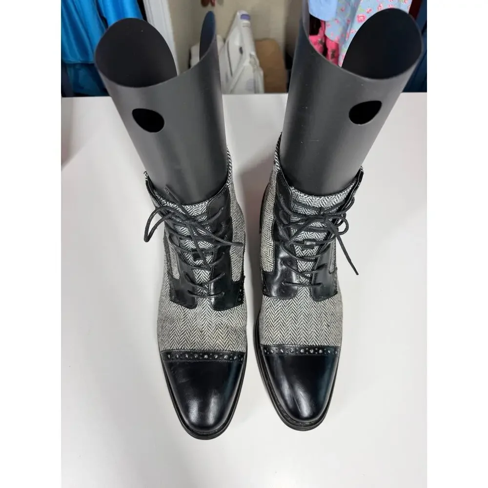 GIOVANNI Boots Black Leather Grey Herringbone Tweed Cloth Panel Cap Toe Lace Up